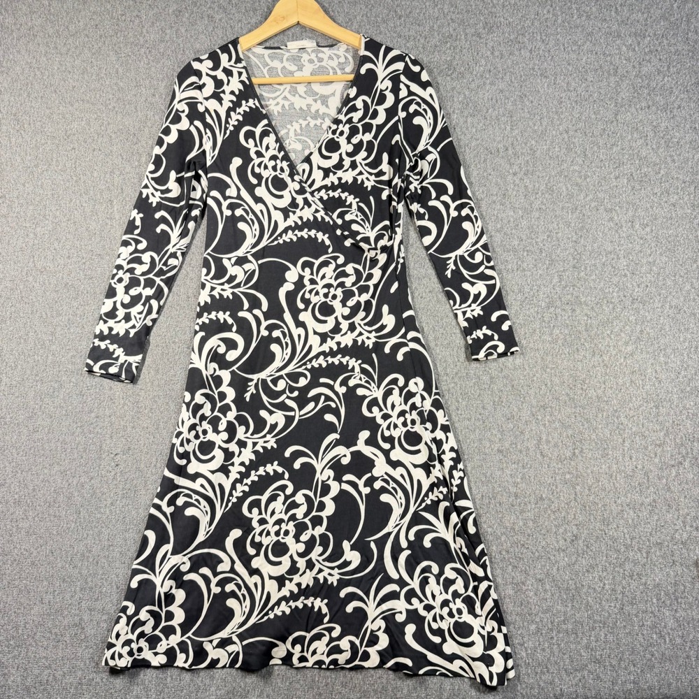 Classiques Entier Silk Blend Faux Wrap Jersey Dress Black White Floral Scroll PS